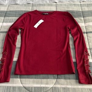 J. Crew Refined Rib T-Shirt with Velvet Bow Cuffs in Inky Burgundy size XXS